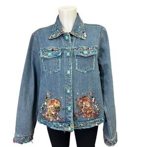 MARY FRANCES Vintage Beaded & Embellished Denim Jacket Turquoise button sz Large
